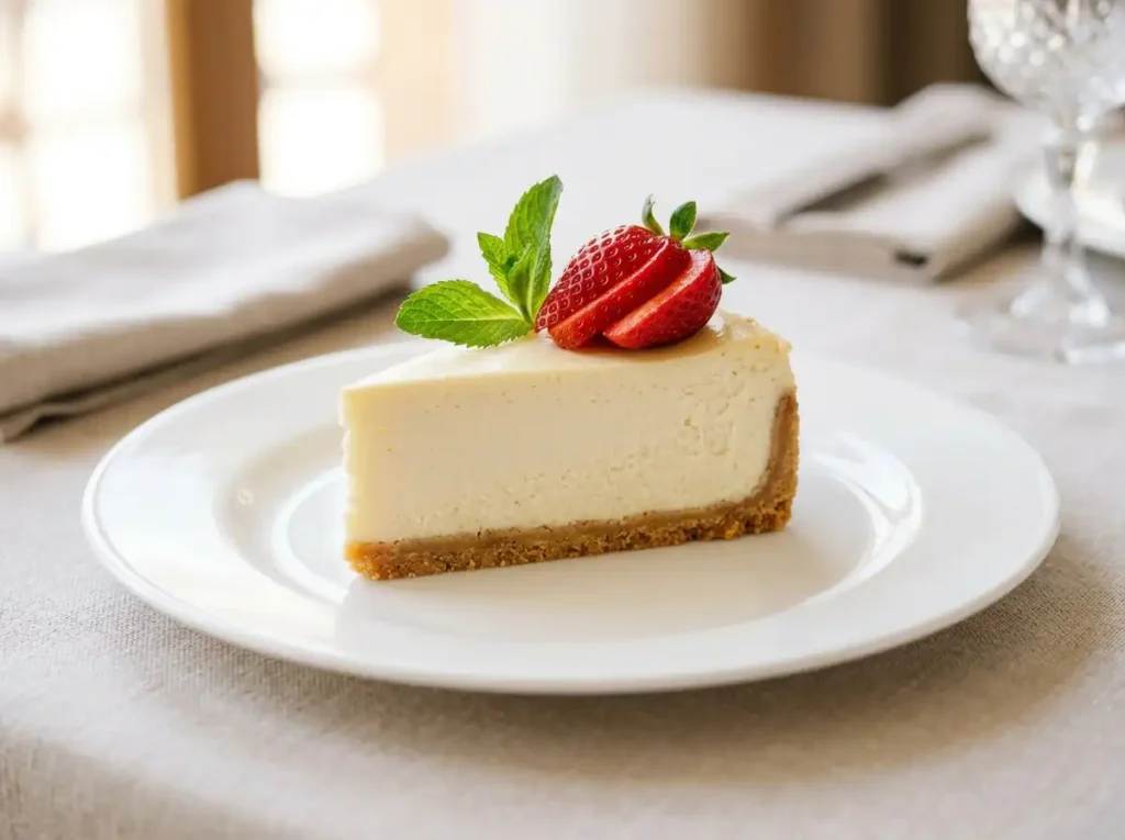 Slice of creamy New York cheesecake with graham cracker crust topped with strawberry