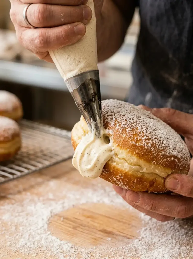 Piping a silky vanilla custard into a golden donut to make a delicious donut with white cream filling.