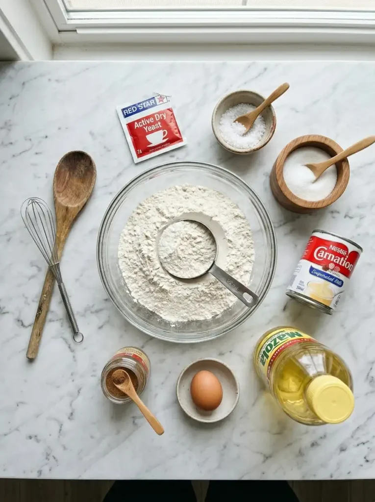 Ingredients for homemade Chinese donuts — flour, yeast, evaporated milk, sugar, nutmeg, egg, and oil
