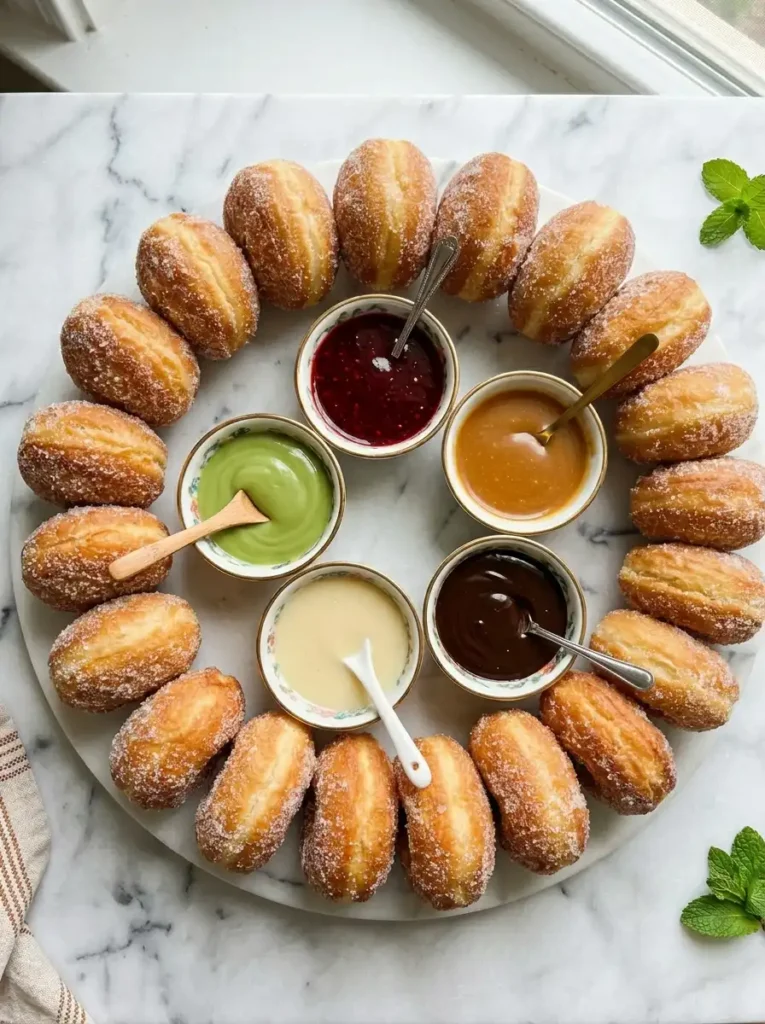 Chinese donuts served with five dipping sauces — raspberry, caramel, hot fudge, condensed milk, and coconut caramel
