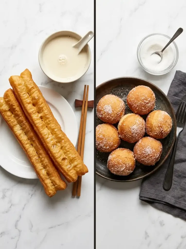 Comparison of traditional Chinese youtiao long strips vs round American Chinese buffet donuts