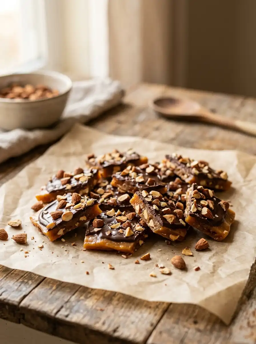 easy homemade toffee recipe with chocolate and almonds