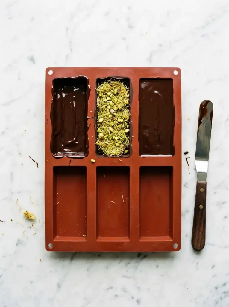Building Dubai chocolate kataifi bars in silicone mold with chocolate shell and pistachio filling layers