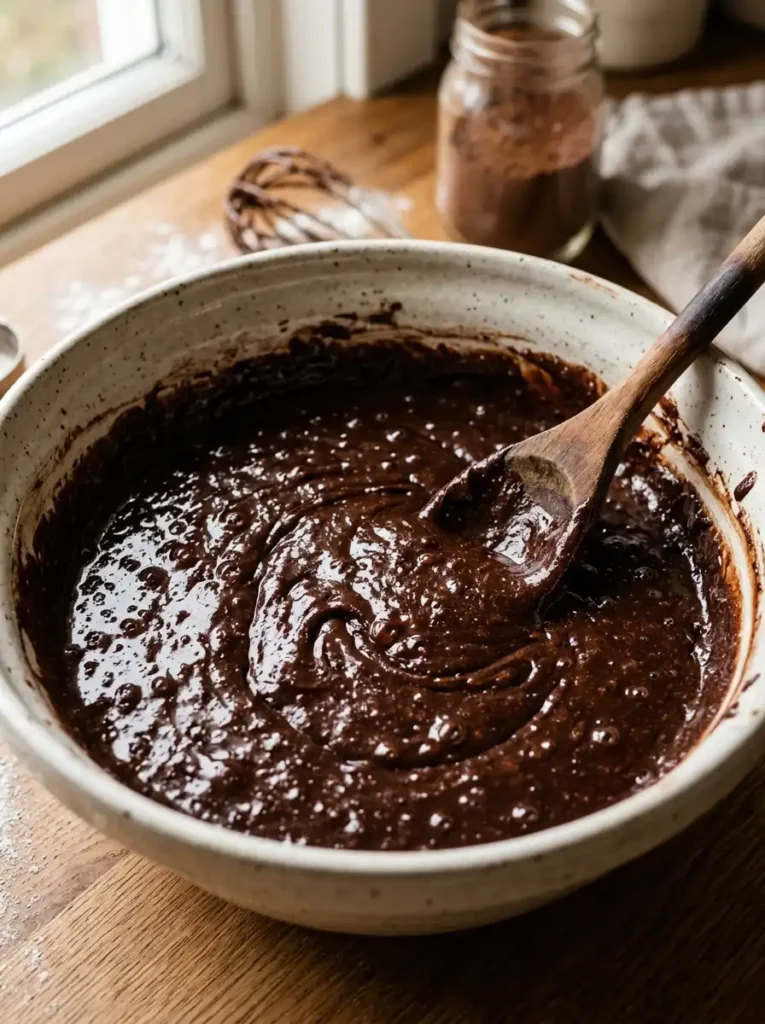 thick glossy biscoff brownie batter in mixing bowl before baking