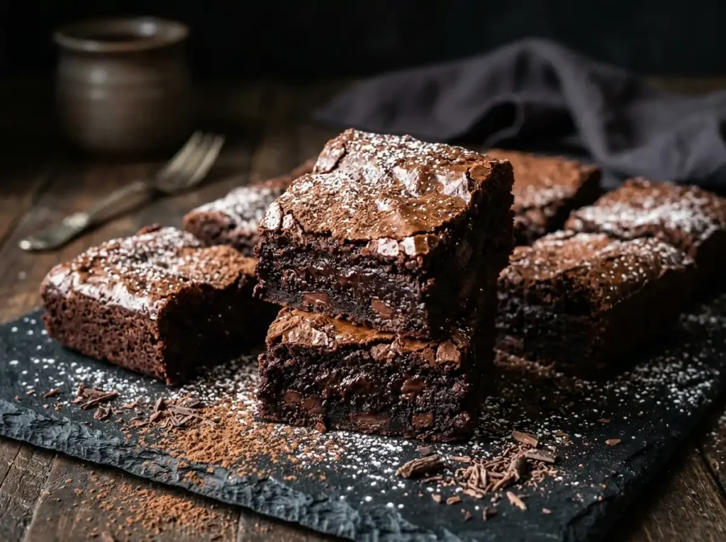 Fudgy triple chocolate brownies with glossy cracked tops on a slate board