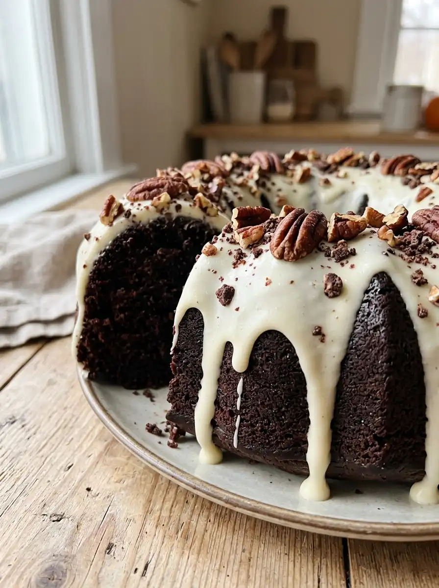 Slice of bundt cake topped with cream cheese glaze