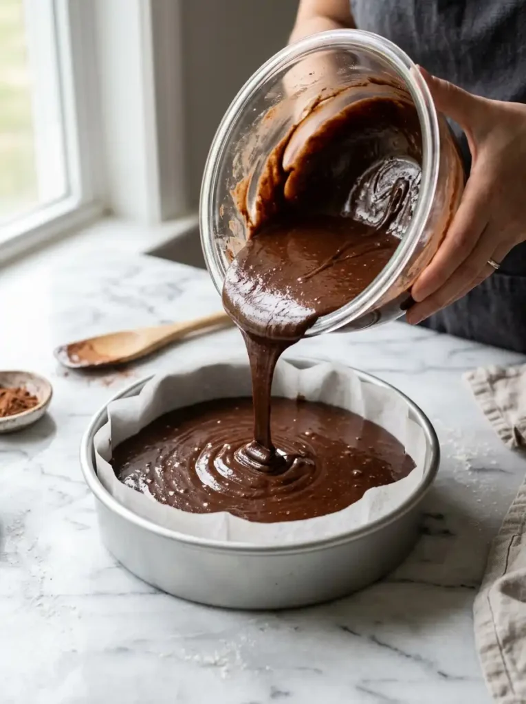 Pouring rich chocolate cake batter into a round cake pan for tuxedo cake recipe preparation