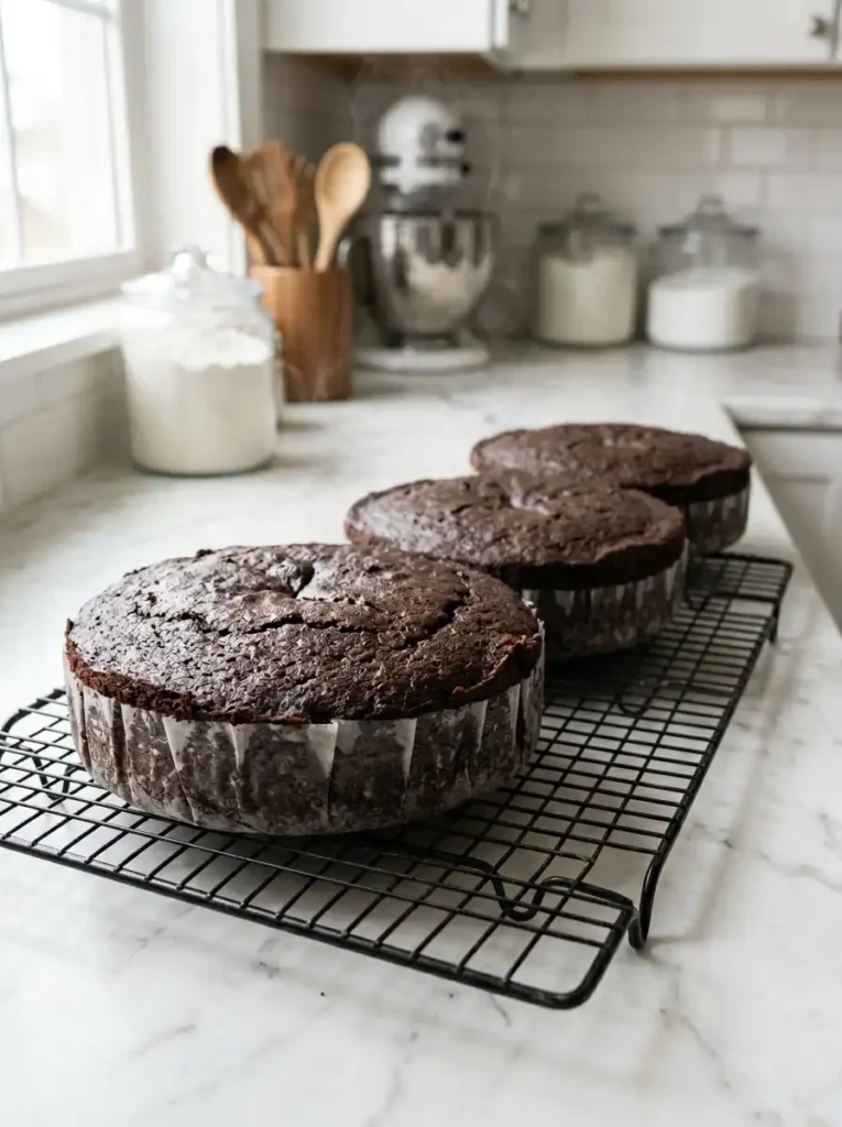 Three freshly baked chocolate cake layers cooling on a wire rack for tuxedo cake assembly