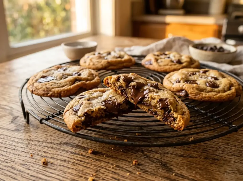 Freshly baked chocolate chip cookies with melted chocolate chips on a wire cooling rack