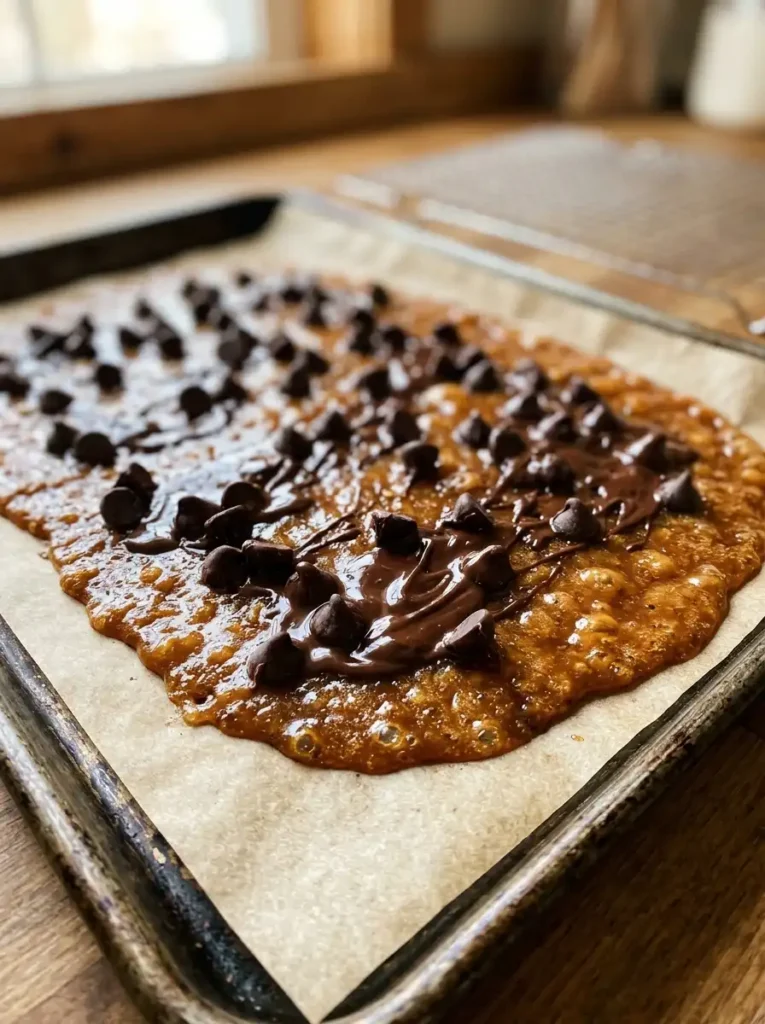semi sweet chocolate chips melting on hot homemade toffee