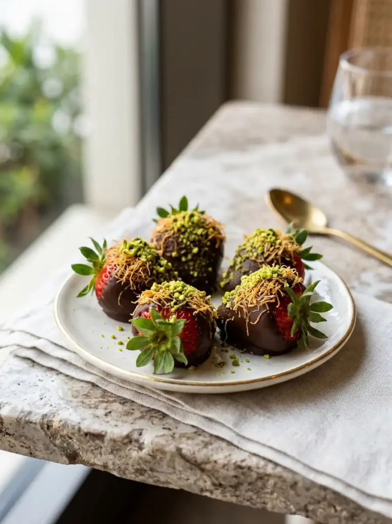 Dubai chocolate covered strawberries topped with pistachio kataifi