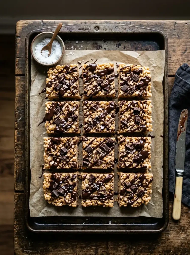 Chocolate drizzled brown butter rice krispie treats