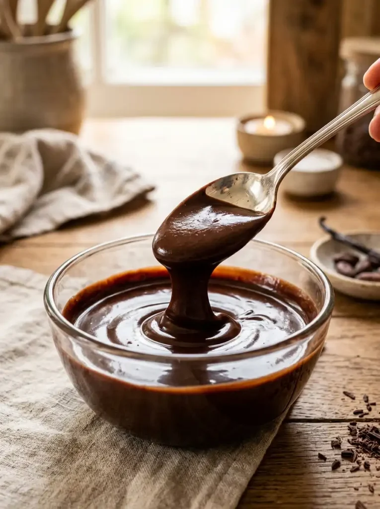 Glossy dark chocolate ganache filling for homemade cookies
