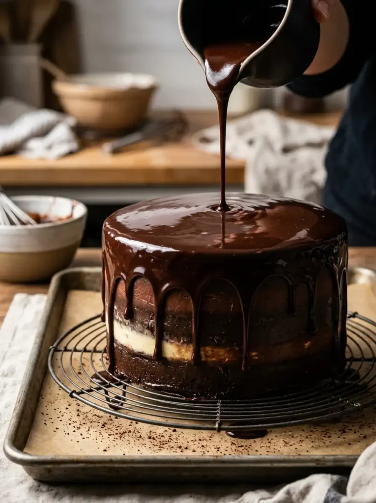 Pouring glossy mirror chocolate ganache over a chilled tuxedo cake for a perfect shiny finish