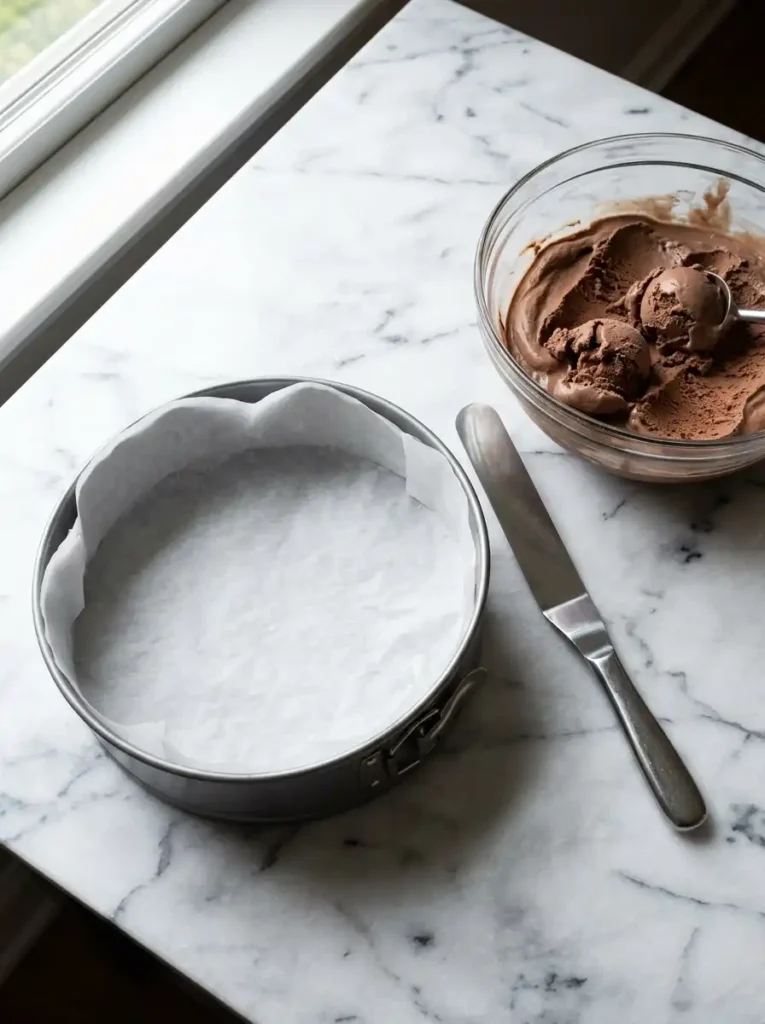 Chocolate ice cream layer for copycat Carvel ice cream cake in a springform pan