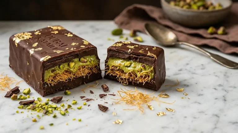 Viral Dubai chocolate kataifi bar broken in half showing green pistachio filling and crispy golden kataifi inside dark chocolate shell