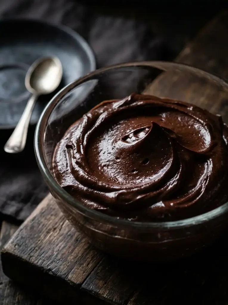 Silky dark chocolate mousse with glossy texture ready for layering in tuxedo cake recipe
