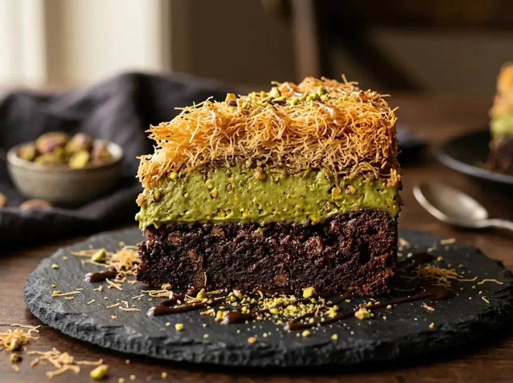 Fudgy Dubai chocolate brownies sliced showing pistachio cream and crispy kataifi filling