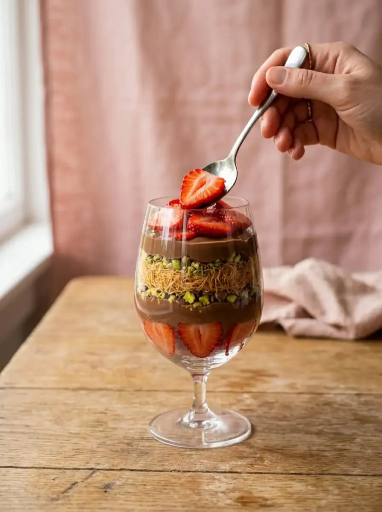 Layering strawberries chocolate and pistachio filling in a Dubai chocolate strawberry cup