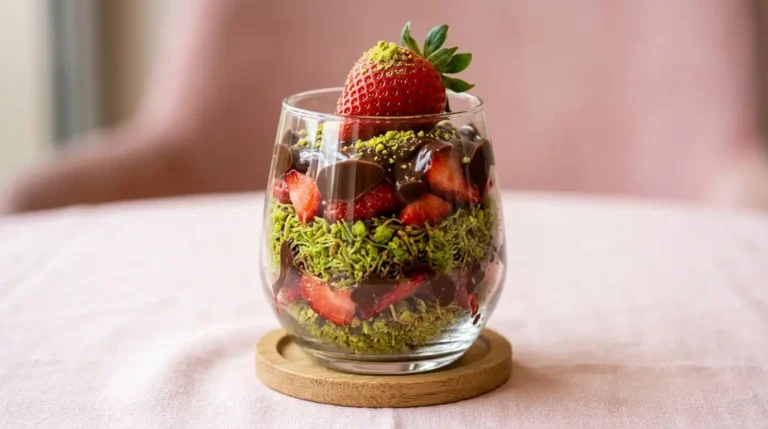 Dubai chocolate strawberries served in a glass cup with pistachio kataifi and chocolate drizzle