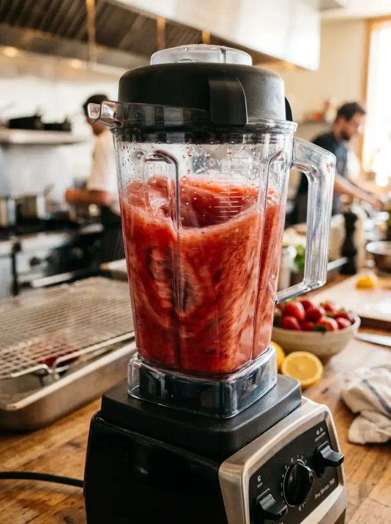 Blending fresh strawberries to make smooth strawberry puree