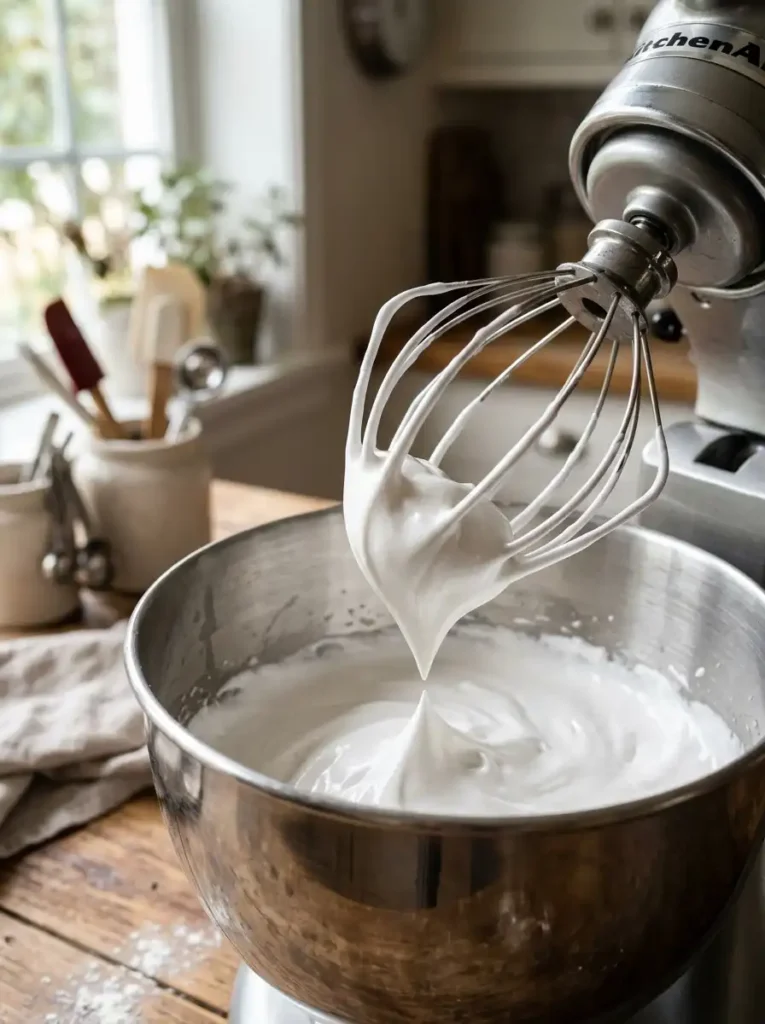 Stiff glossy meringue peaks in a stand mixer bowl for making dacquoise layers