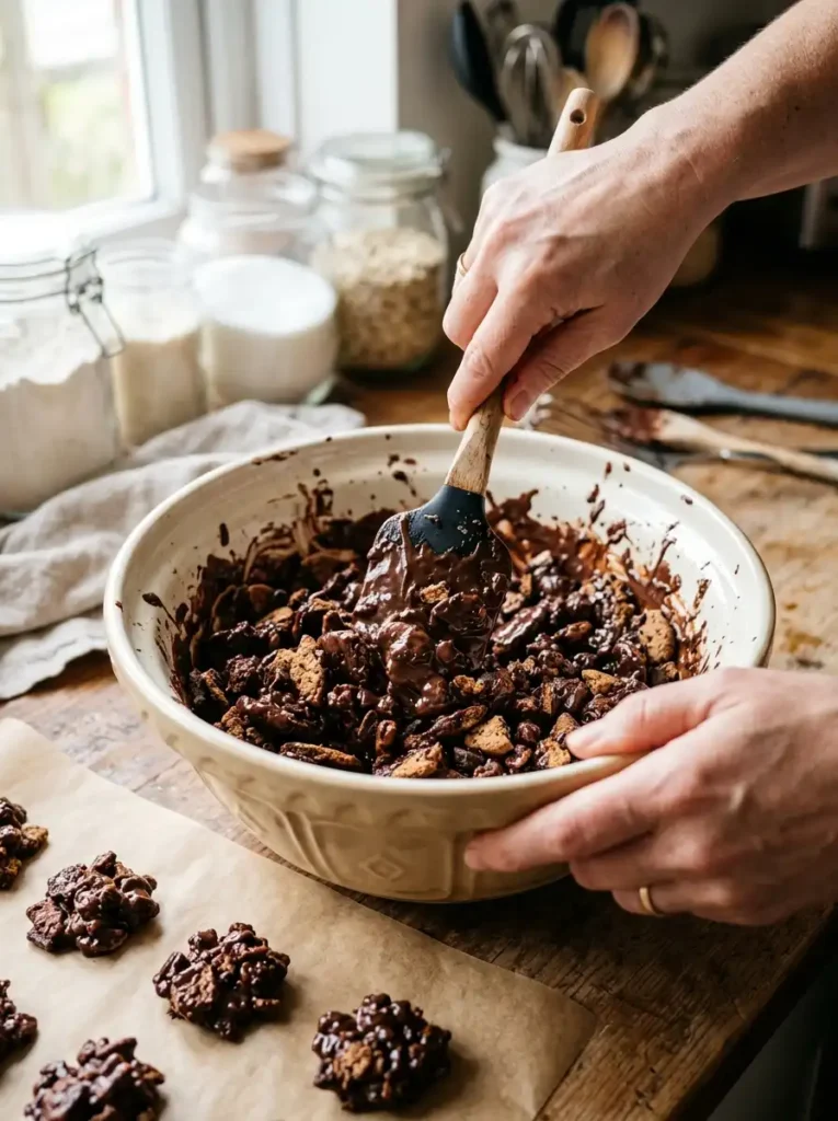 Homemade chocolate crunchies for Carvel ice cream cake mixed with melted chocolate
