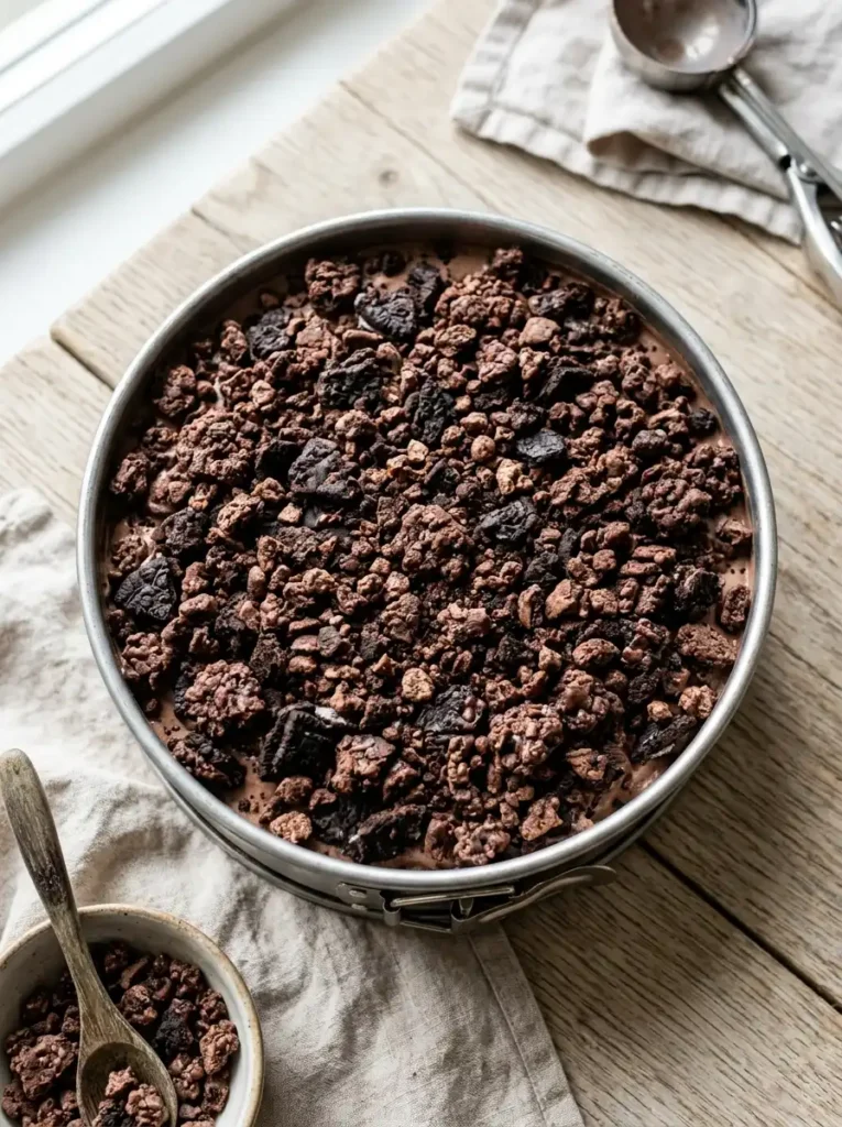 Chocolate crunchies layer inside homemade Carvel ice cream cake