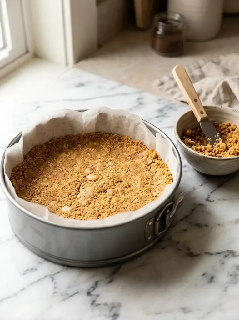 Ladyfinger crust pressed into a springform pan for tiramisu cheesecake