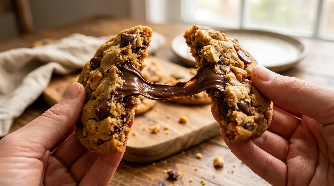 Warm chewy peanut butter chocolate chip cookies being pulled apart showing melted chocolate pull