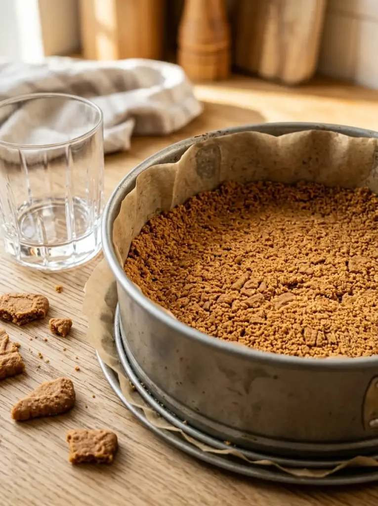 Close-up of compacted Lotus Biscoff cookie crust in springform pan ready for no bake cheesecake filling
