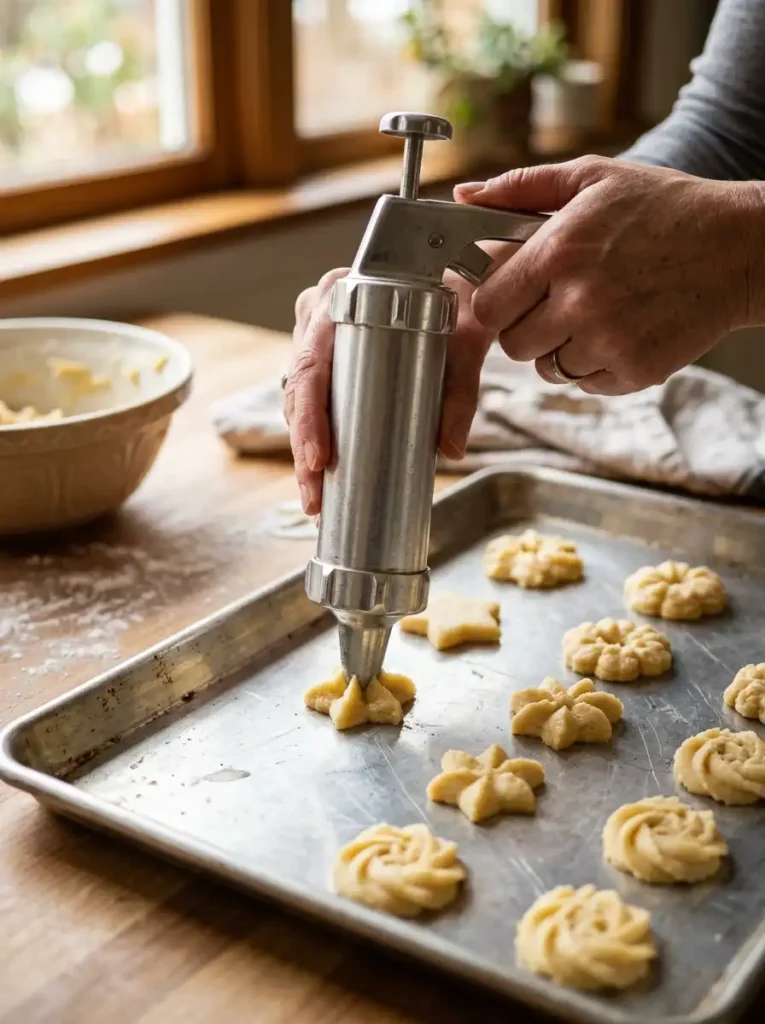  Cookie press shaping spritz cookies on an ungreased baking sheet