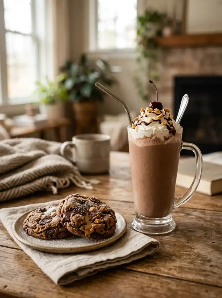 Two peanut butter cookies with chocolate chips served next to a fresh milkshake