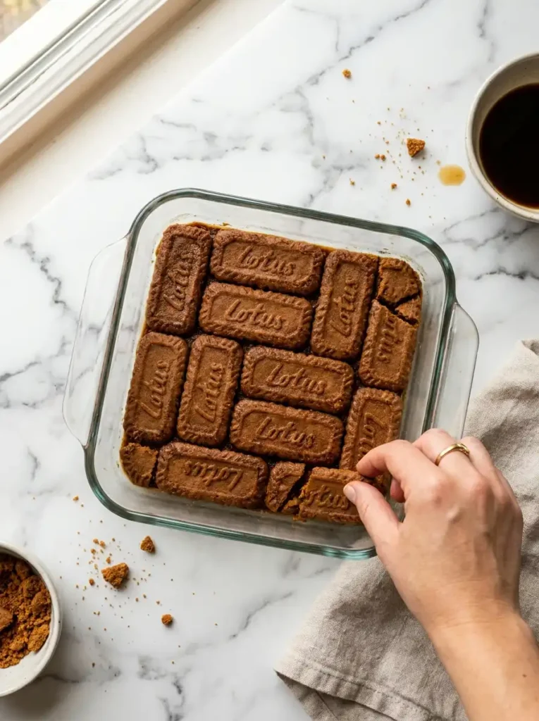 Arranging coffee-soaked Lotus Biscoff cookies as the first layer of homemade biscoff tiramisu