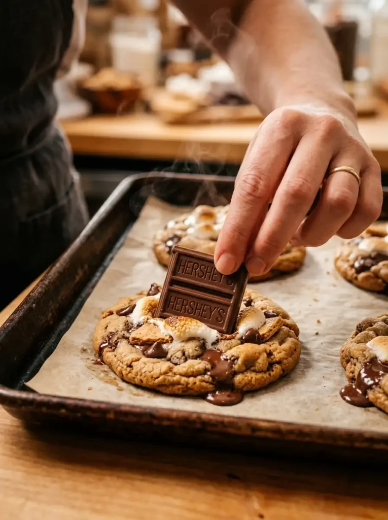 Freshly baked smores cookies on a baking sheet being topped with warm Hershey's chocolate squares