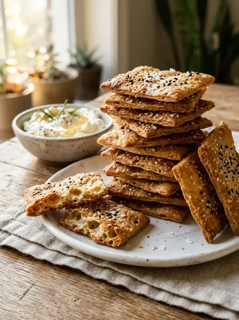 Stack of golden crispy sourdough discard crackers with sesame seeds and flaky sea salt broken in half