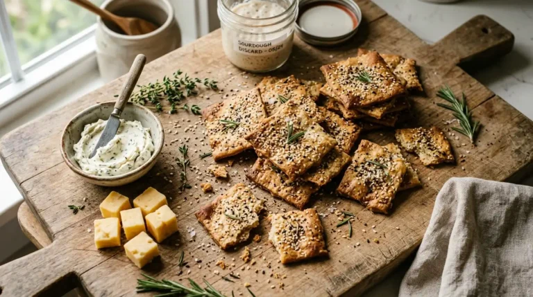 Crispy homemade sourdough discard crackers piled on a wooden board with cheese, herbs, and sea salt