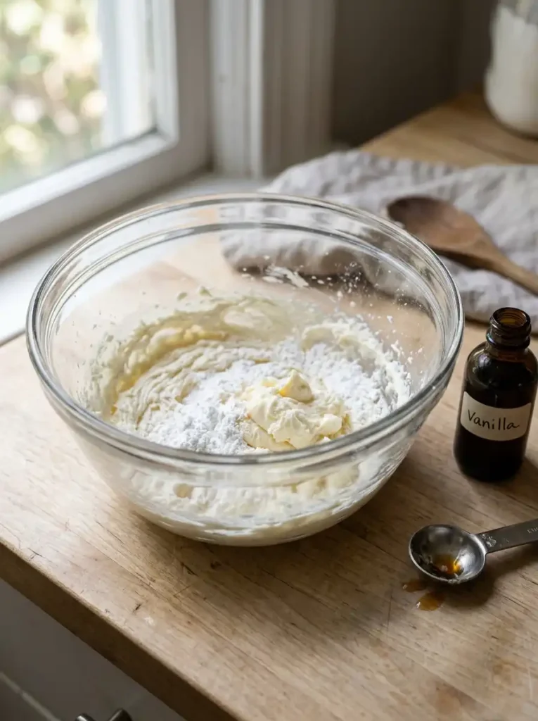 Smooth cream cheese glaze with thick pourable texture