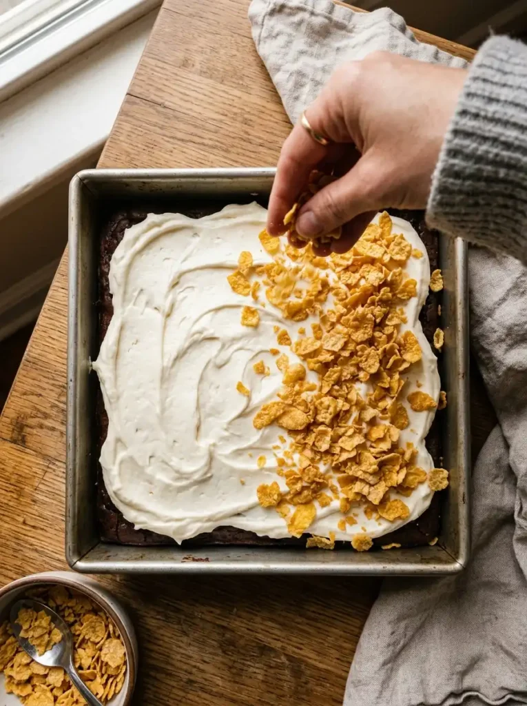 "Cream cheese frosting spread over chocolate base with crunchy Corn Flakes topping being sprinkled on lazy cat cake recipe"