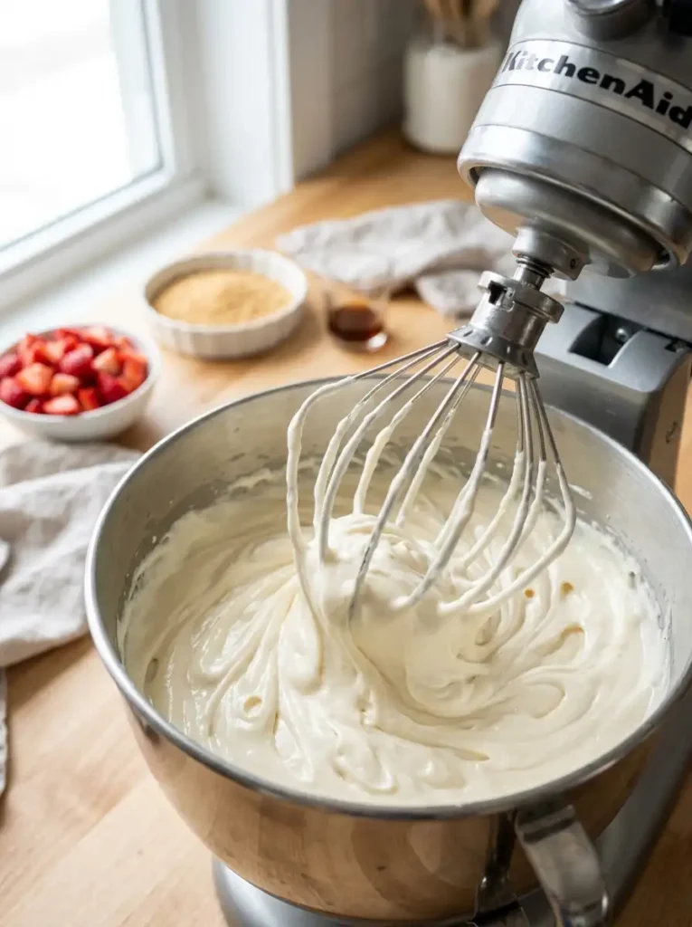 Cream cheese frosting being mixed for strawberry cake and cheesecake