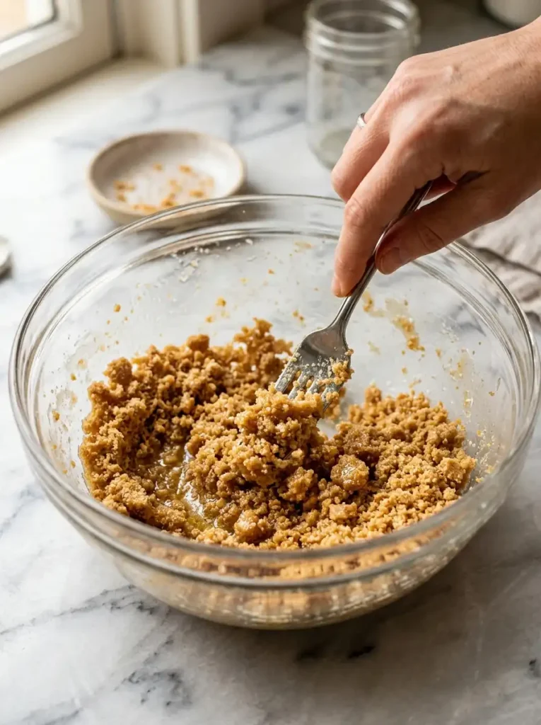 Graham cracker crust mixture with the texture of wet sand in a glass bowl