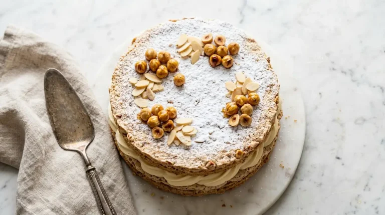 Classic French dacquoise cake with almond and hazelnut meringue layers filled with vanilla buttercream on a marble surface