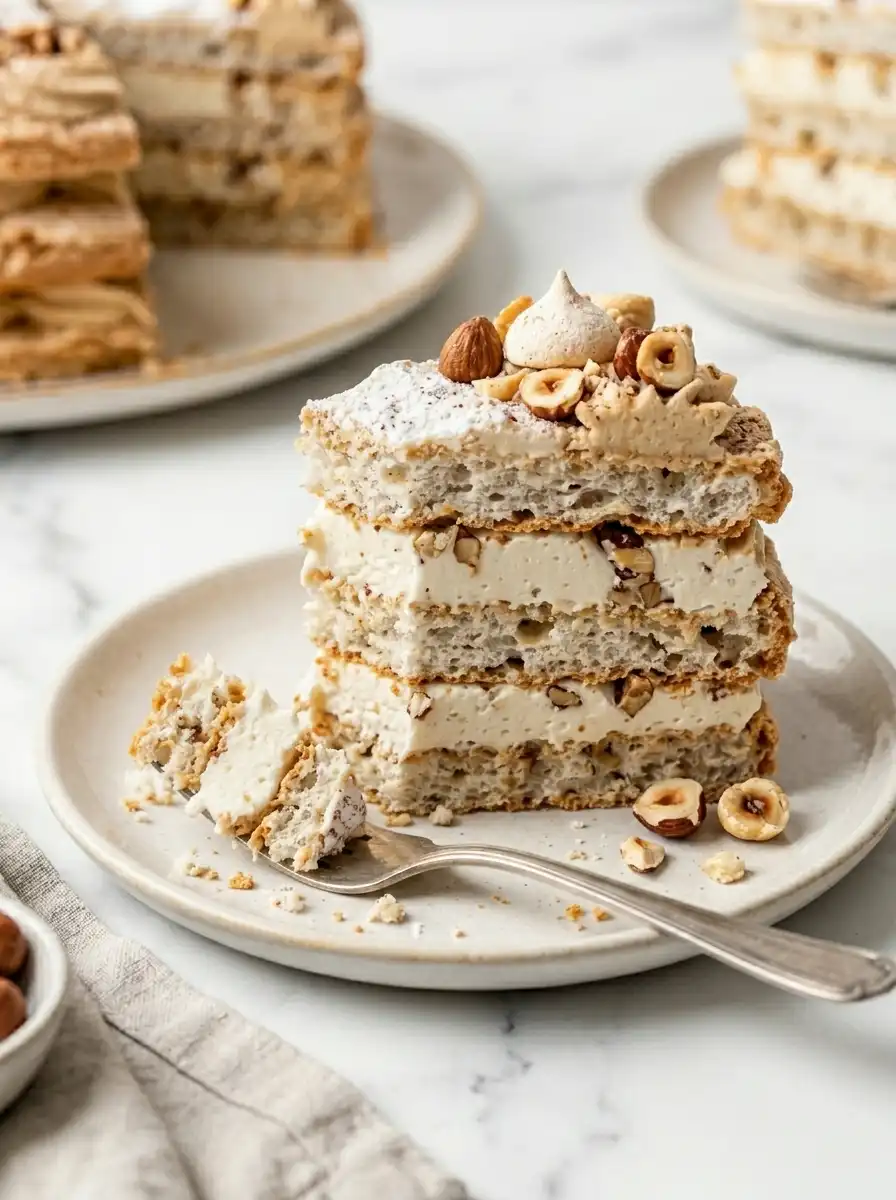 Slice of homemade dacquoise cake cross section showing meringue layers and vanilla buttercream filling