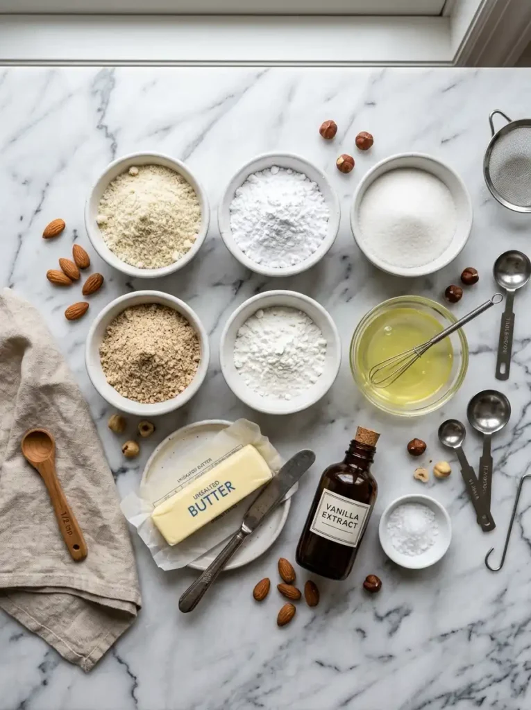Ingredients for dacquoise recipe including almond flour, hazelnut flour, egg whites, powdered sugar and butter on a marble counter