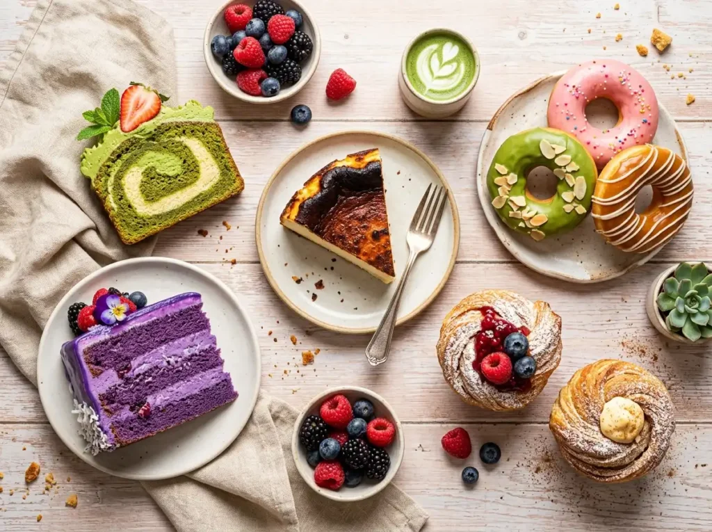 2026 trending sweet treats including Basque cheesecake, mochi donuts, cruffins, ube desserts, and matcha swirls