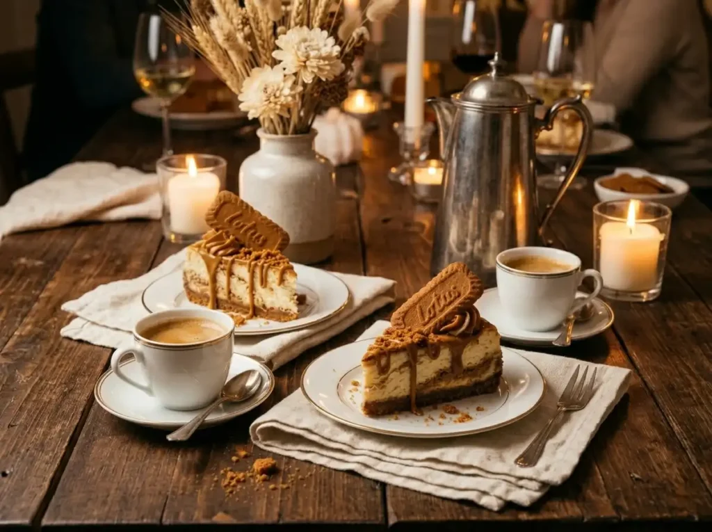 Cozy dessert table scene with two slices of biscoff cheesecake no bake served with espresso and Lotus cookies