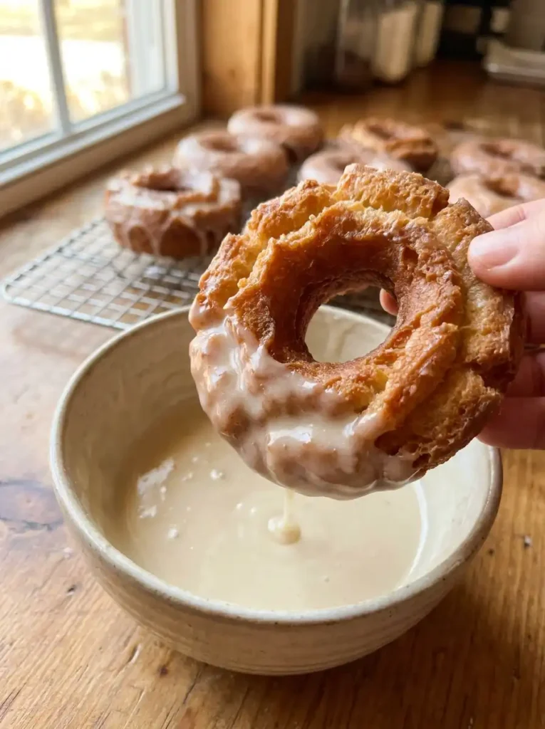 Old fashioned glazed donut dipped in vanilla glaze with crackly coating