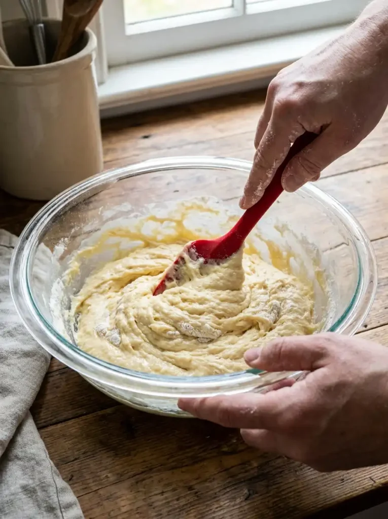 Soft sour cream doughnut dough being mixed in a bowl for old fashioned donuts