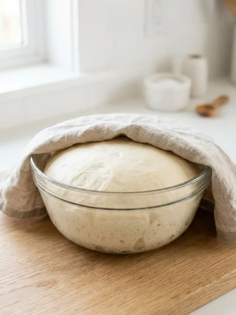 Yeast dough for homemade Bavarian cream donuts proofing in a glass bowl covered with a towel.