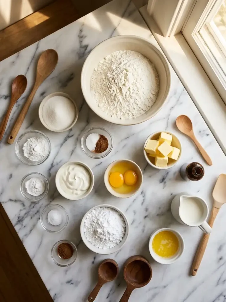 Ingredients for old fashioned donuts with sour cream flour egg yolks nutmeg and vanilla glaze